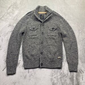 No Excess Mens XL Grey Marled Wool Blend Full Button Mock Neck Cardigan Sweater